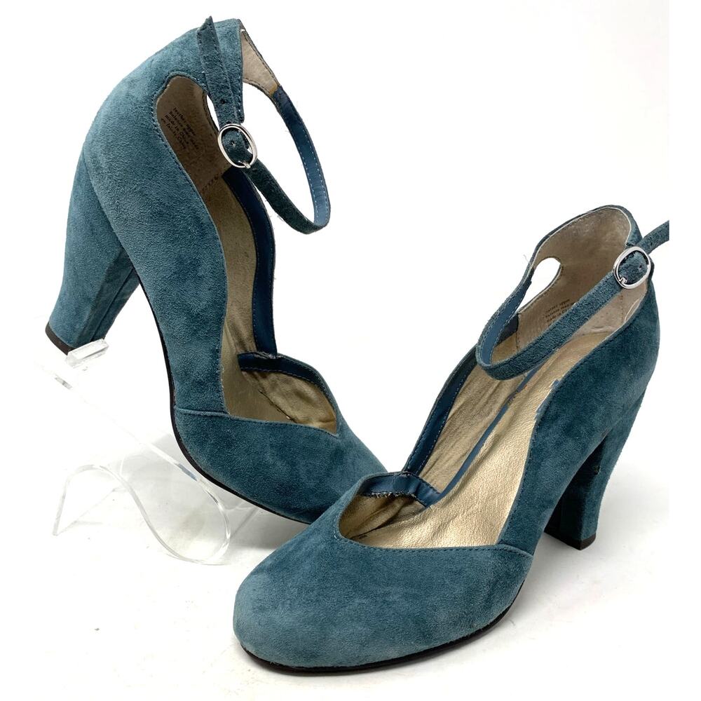SEYCHELLES ELECTRIFY HEELS TEAL/BLUE SUEDE D'ORSAY CHUNKY PUMP ANKLE STRAP 8
